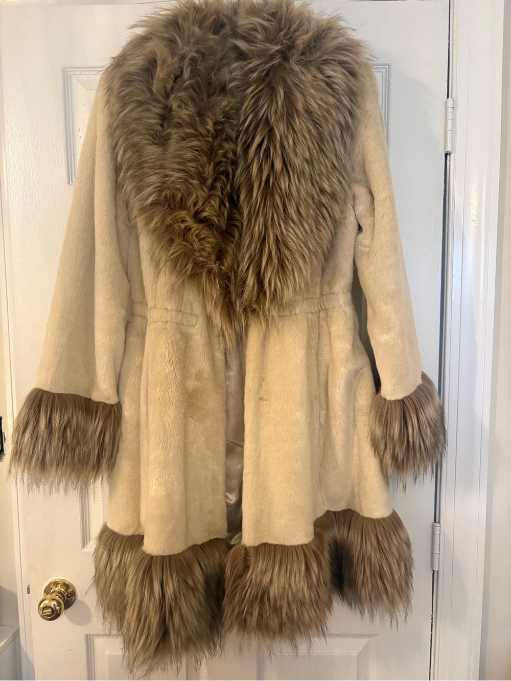 Fabulous Furs Cream Coat with Brown Fur Trim